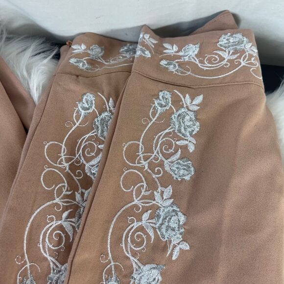 Carli Bybel X Missguided Pale Peach Wide Leg Embroidered Dress Pants Sz 4 - Picture 7 of 9